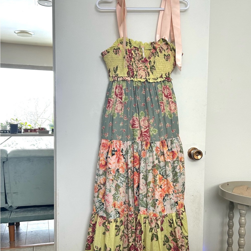 Free People Floral Maxi Dress with Peach Satin Ribbon Straps, Women’s Sm